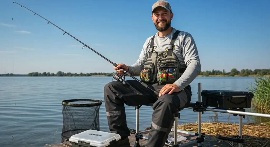 homem com todos os equipamentos para pesca