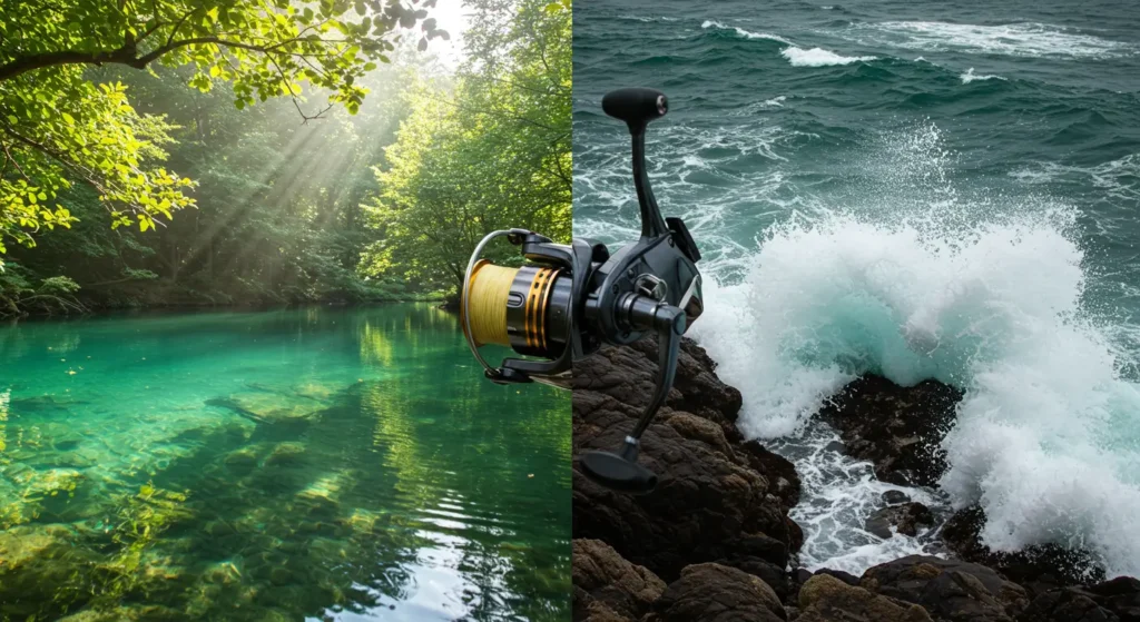 comparativo de pesca agua salgada e agua doce molinete