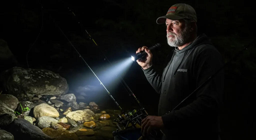 homem usando lanterna para pesca