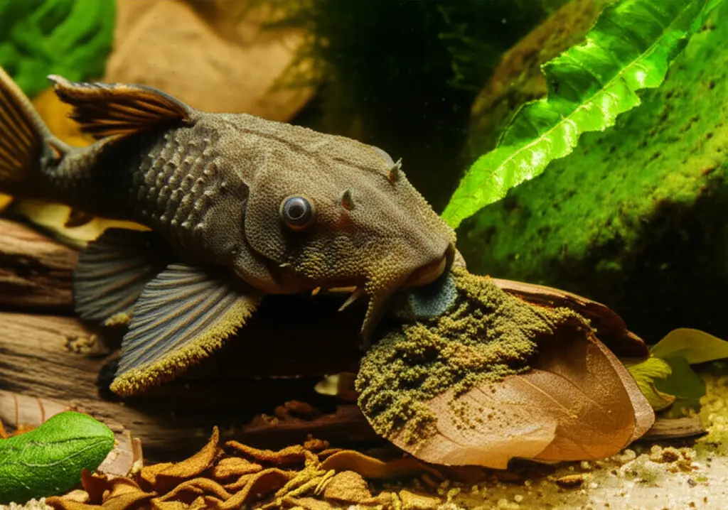 Peixe cascudo se alimentando de pastilha de fundo em aquário