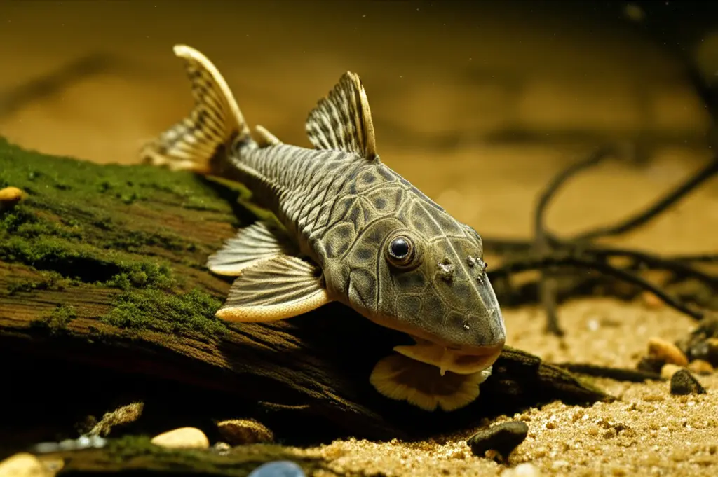 Peixe cascudo de corpo robusto e boca de ventosa em um aquário