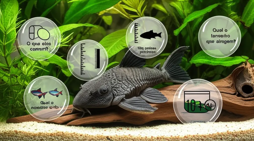 Peixe cascudo nadando perto de plantas aquáticas, com balões de perguntas