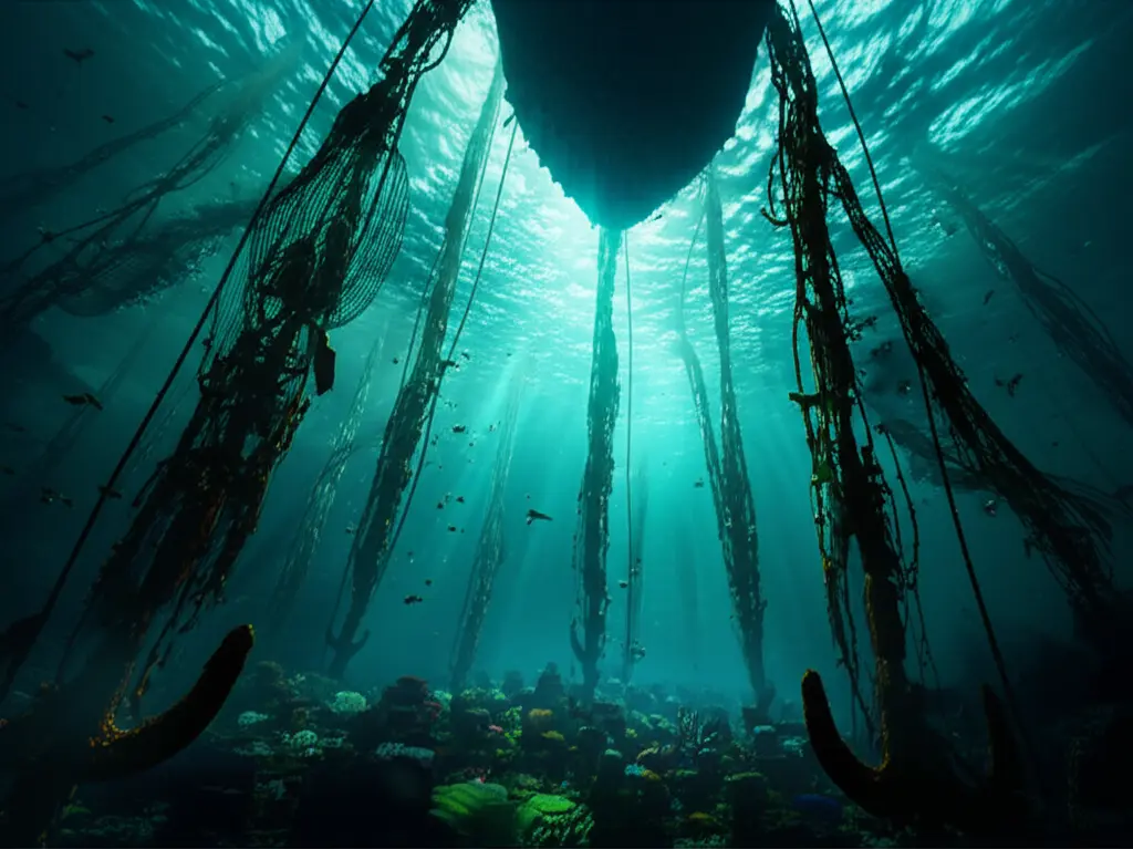 Navio de pesca de arrasto operando no oceano, simbolizando as ameaças aos ecossistemas abissais.