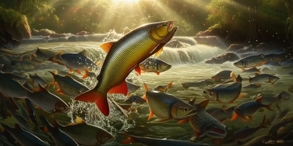 Cardume de peixes nadando rio acima durante a piracema, simbolizando a reprodução.