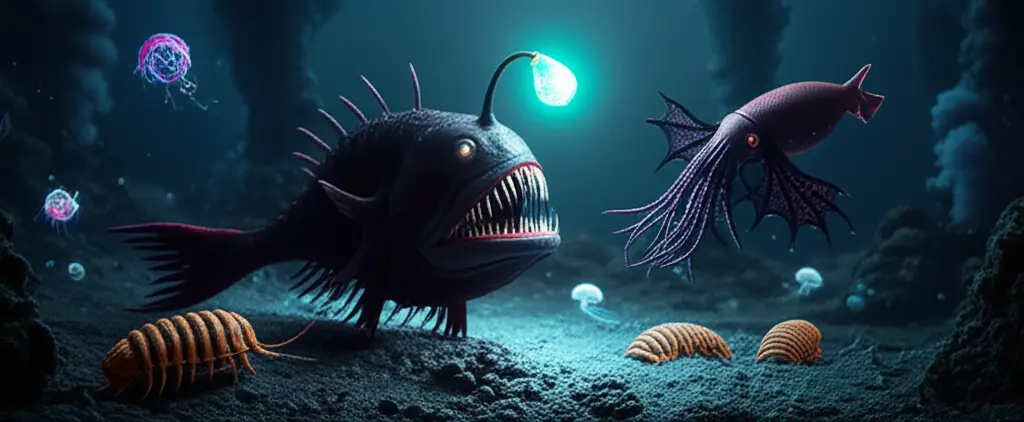 Coleção de diferentes peixes abissais com características únicas, como o peixe-pescador e o peixe-ogro.