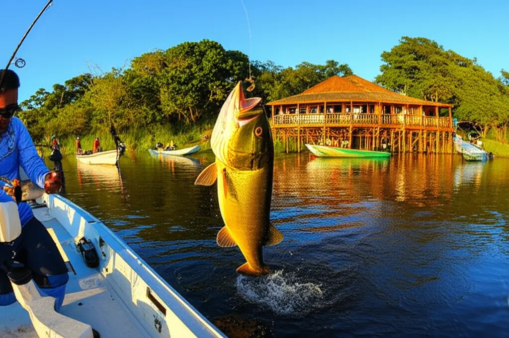 Pescador esportivo orgulhosamente exibindo um grande peixe Pintado, destacando a emoção da pesca.