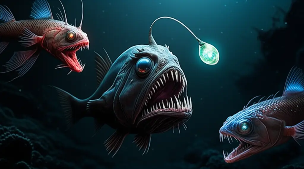 Ilustração de um peixe abissal com bioluminescência no oceano profundo escuro.