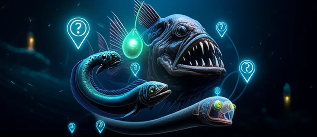 Close-up de um peixe abissal com olhos grandes e bioluminescência, ilustrando suas adaptações.