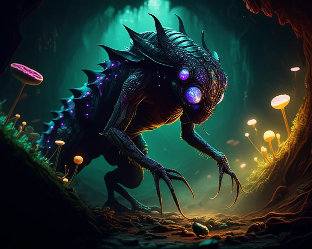 Peixe-pescador abissal com sua isca bioluminescente atraindo presas na escuridão.