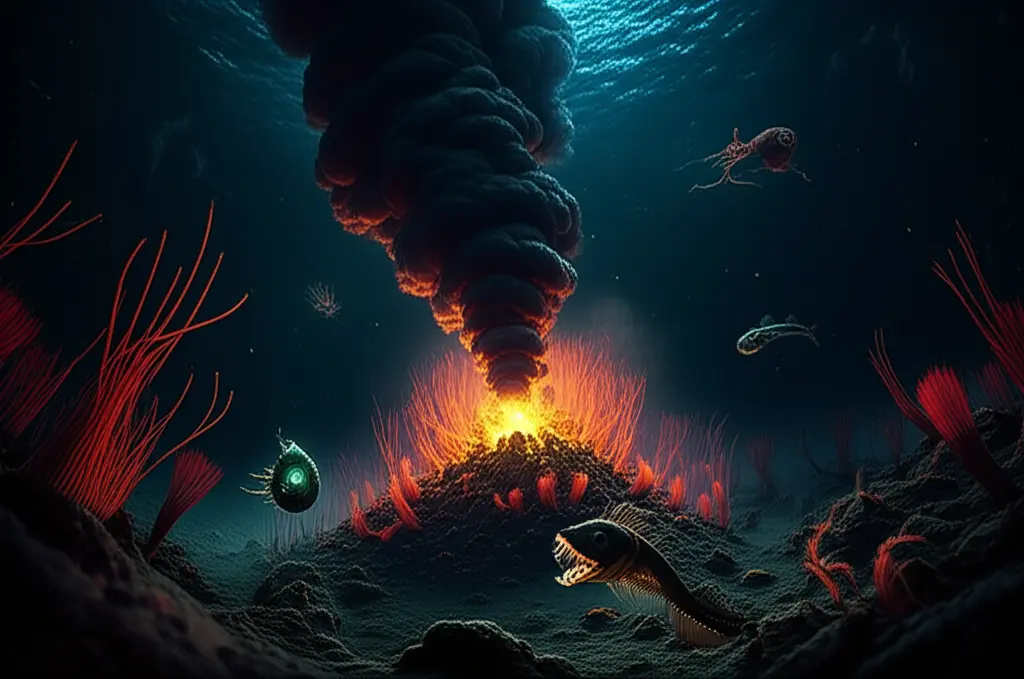 Cenário do fundo do oceano com formações rochosas e escuridão, ilustrando o ambiente abissal.
